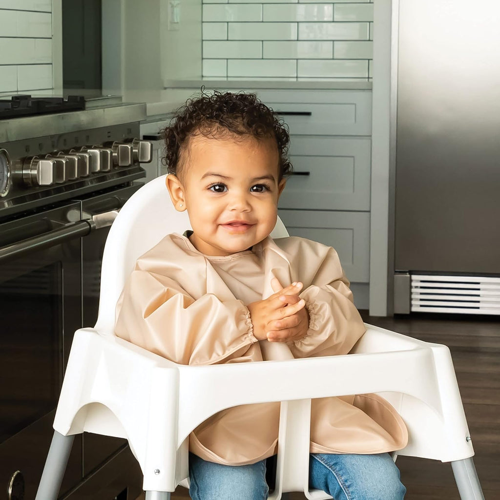 Long Sleeve Bib for Babies & Toddlers | 2-Pack Waterproof Smock Bib for Eating | Machine Washable & Mess-Proof Feeding Essentials | Newborn Shower Gift (Sand Cinnamon,2-4Y)