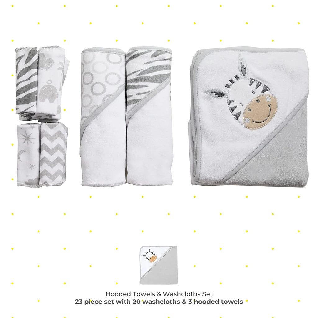 Bath Hooded Towels & Washcloths Set for Babies, 23-Piece Gift Set, White Zebra