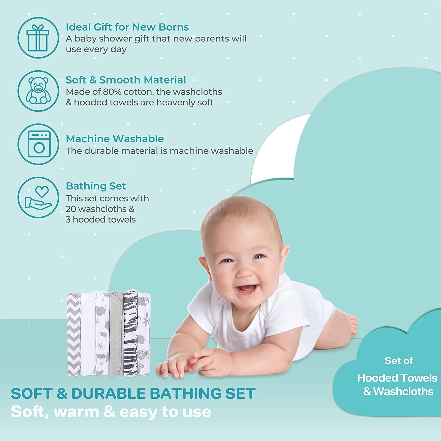 Bath Hooded Towels & Washcloths Set for Babies, 23-Piece Gift Set, White Zebra