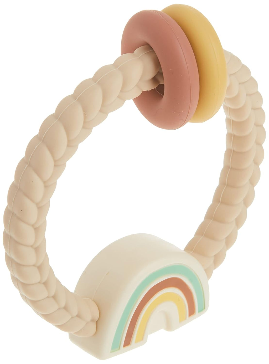Silicone Teether with Rattle; Rattle Teether Features Rattling Sound, Two Silicone Teething Rings and Raised Texture to Soothe Gums; Ages 3 Months and up (Neutral Rainbow)