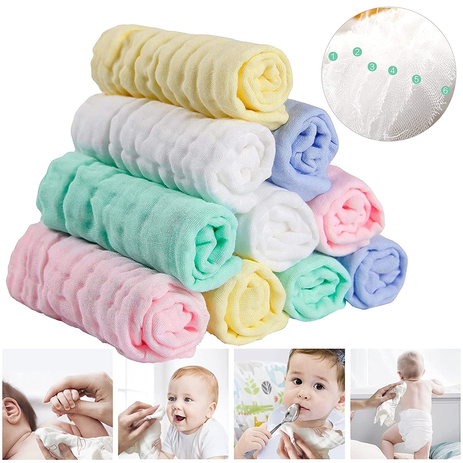 Soft Newborn Essentials - Muslin Washcloths & Towels for Sensitive Skin - 10 Pack, 10X10 Inches - Baby Register Shower Gift