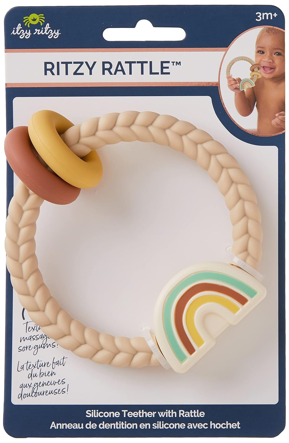 Silicone Teether with Rattle; Rattle Teether Features Rattling Sound, Two Silicone Teething Rings and Raised Texture to Soothe Gums; Ages 3 Months and up (Neutral Rainbow)