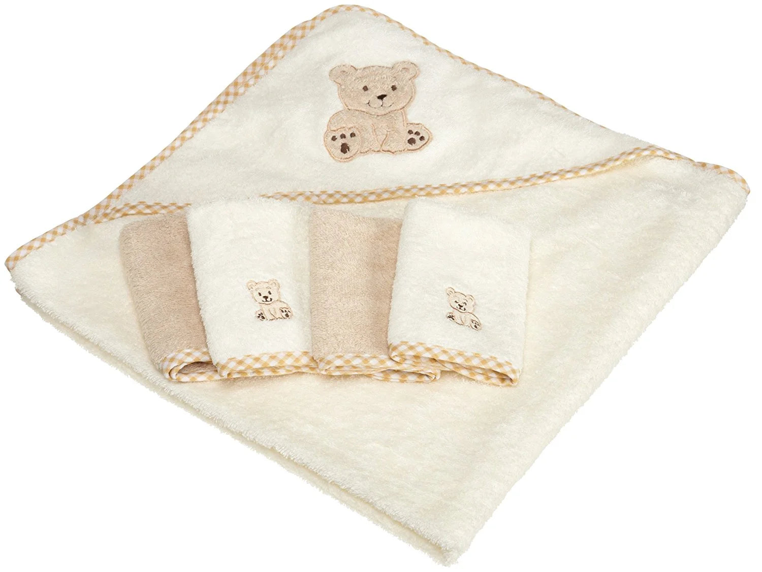 Baby Cotton Terry Hooded Towel & Washcloth Bath Shower Set for Newborns and Infants, 5 Piece Set, Brown Bear