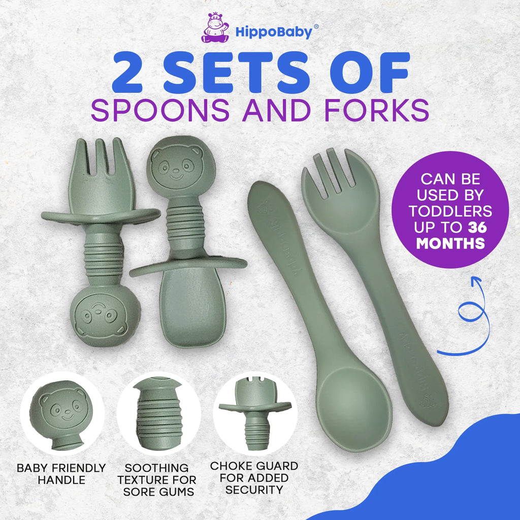 Baby Led Weaning Supplies | 10 Piece Silicone Feeding Set | Baby Toddler Bib Cup Divided Plate and Bowl Self Feeding Spoons Dish Set | Toddler Feeding Supplies (Sage)