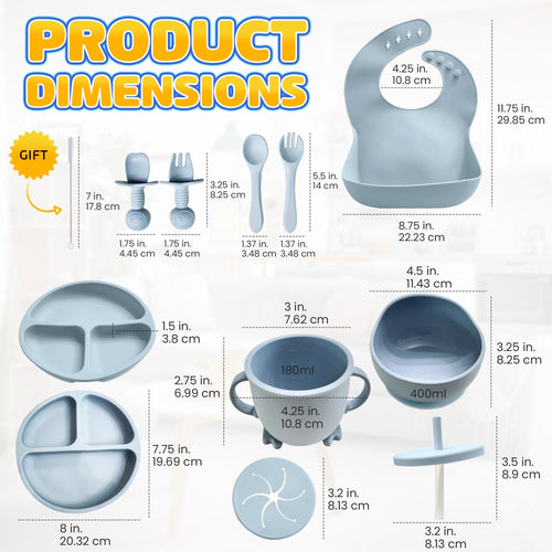 10 Piece Silicone Baby Feeding Set with Bib, Cup, Divided Plate, Bowl, and Self-Feeding Spoons (Sky)