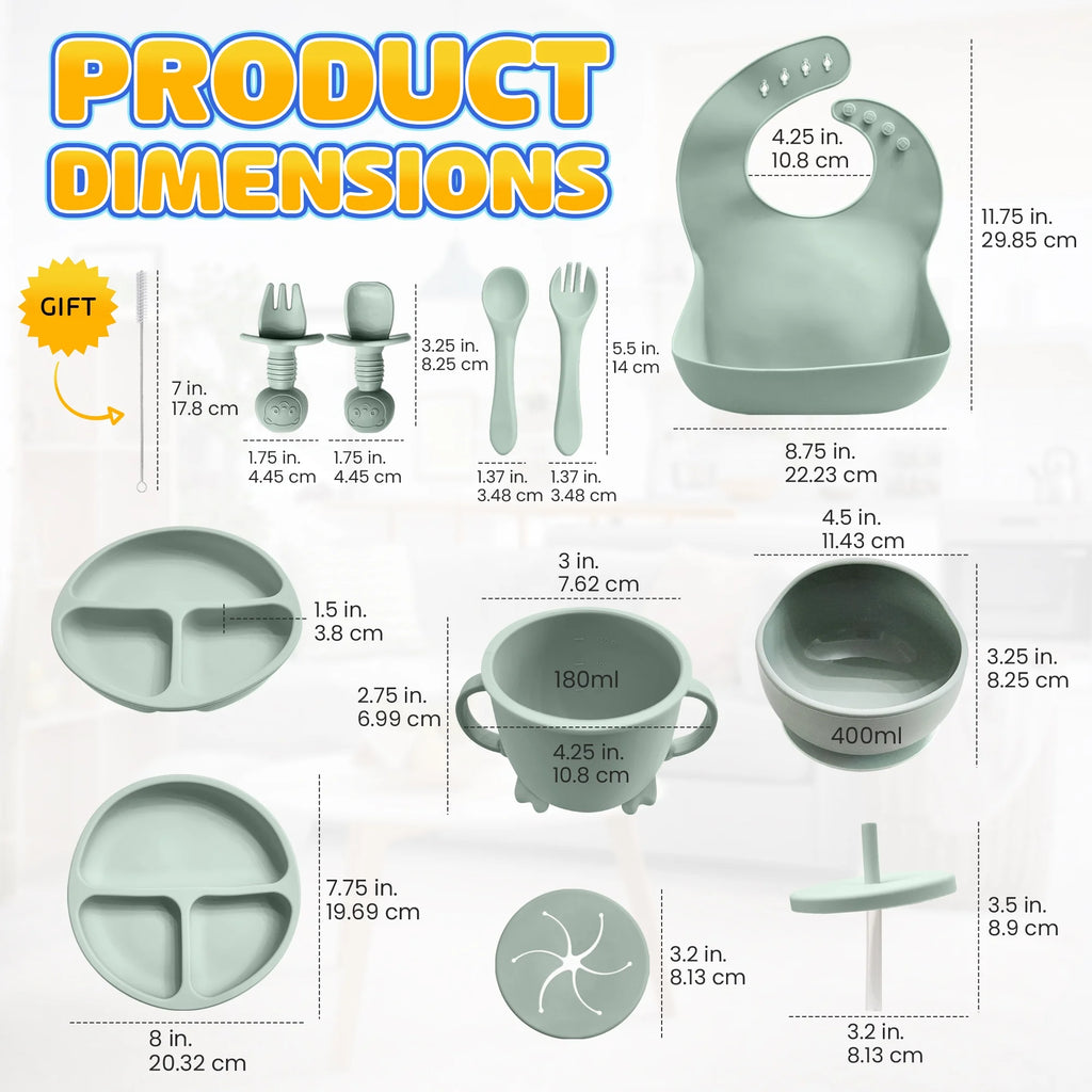 Baby Led Weaning Supplies | 10 Piece Silicone Feeding Set | Baby Toddler Bib Cup Divided Plate and Bowl Self Feeding Spoons Dish Set | Toddler Feeding Supplies (Sage)