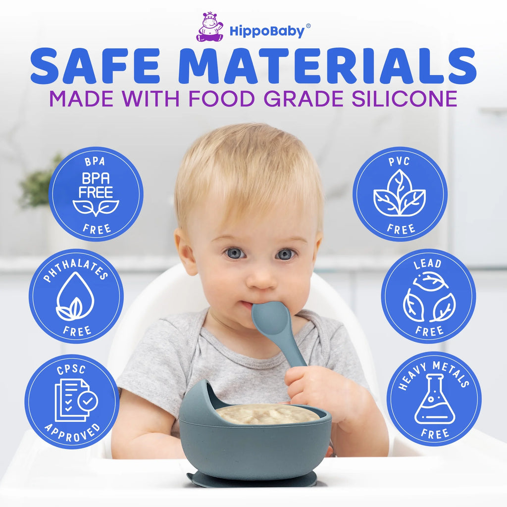 10 Piece Silicone Baby Feeding Set with Bib, Cup, Divided Plate, Bowl, and Self-Feeding Spoons (Sky)