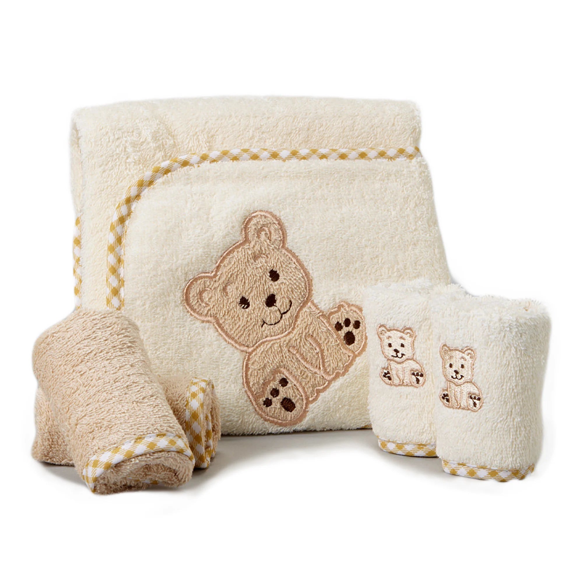 Baby Cotton Terry Hooded Towel & Washcloth Bath Shower Set for Newborns and Infants, 5 Piece Set, Brown Bear
