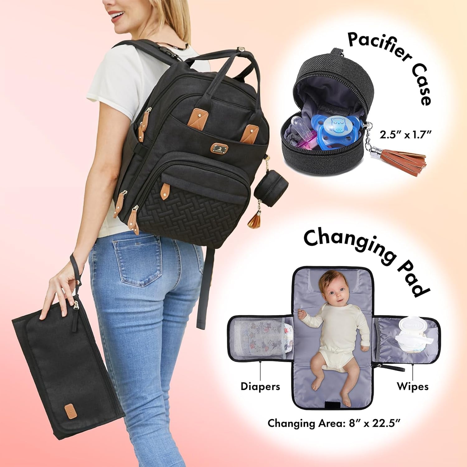 Diaper Bag Backpack with Portable Changing Pad, Pacifier Case and Stroller Straps, Large Unisex Baby Bags for Boys Girls, Multipurpose Travel Back Pack Moms Dads, Black